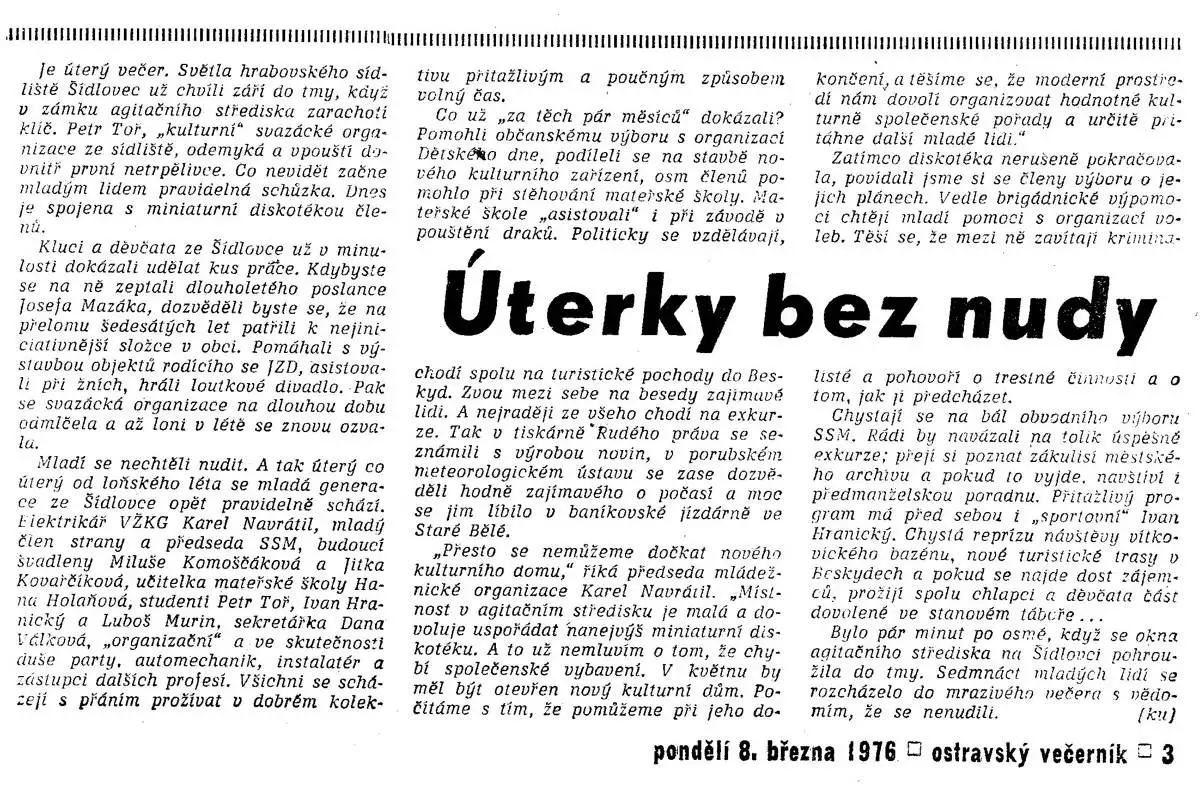 Článek o svazácké organizaci ze Šídlovce (8. březen 1976)