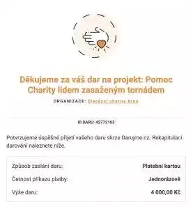 Vybraná částka 3800 Kč byla na účet Diecézní charity Brno