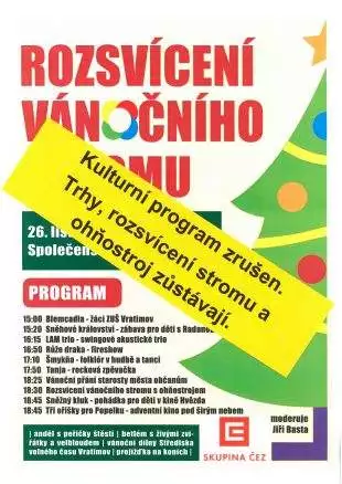 Vratimov ruší kulturní program při Rozsvícení vánočního stromu, Hrabová se pravděpodobně dnes rozhodne stejně