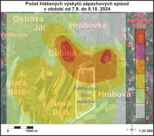 Obrázek 2: Mapa rozložení počtu hlášených zápachových oblastí v blízkosti průmyslové zóny Hrabová.